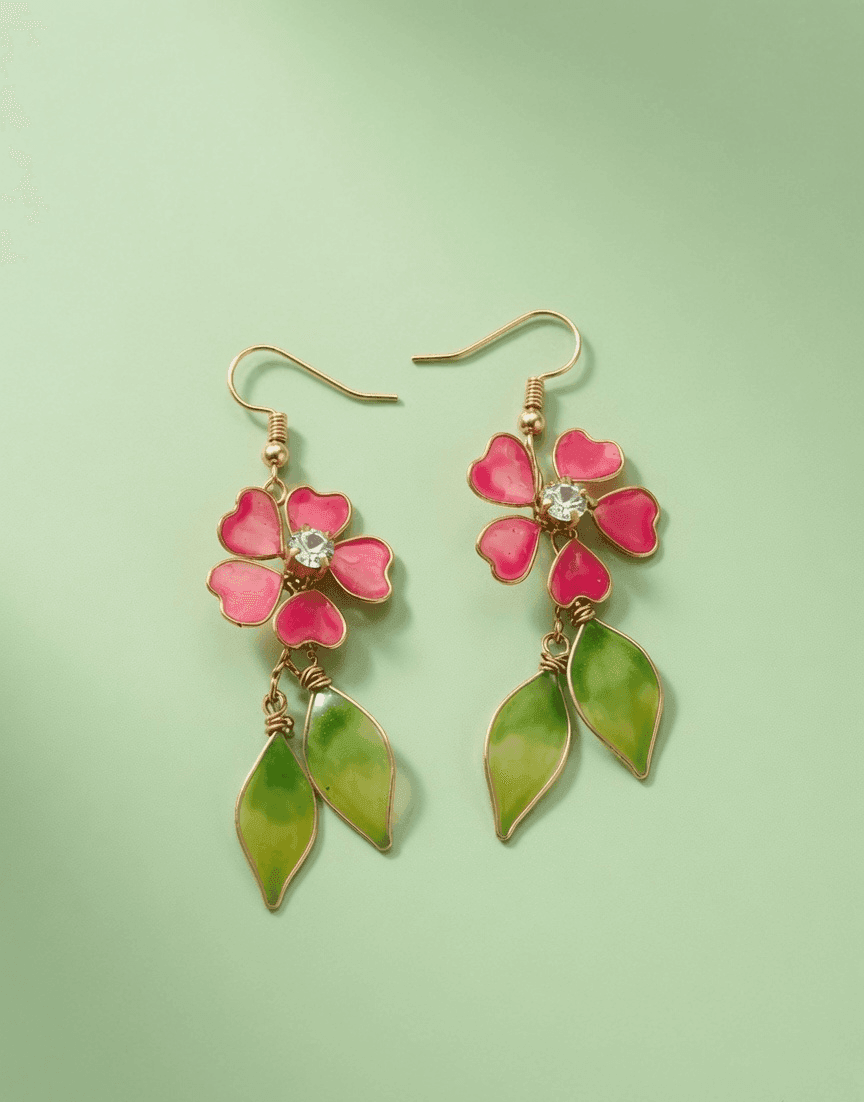 Handmade Pink & Green Floral Resin Drop Earrings