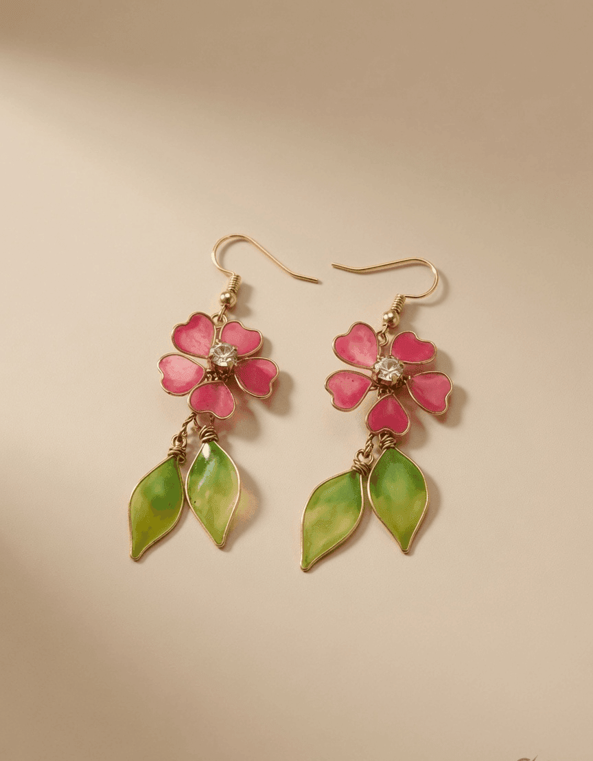 Handmade Pink & Green Floral Resin Drop Earrings