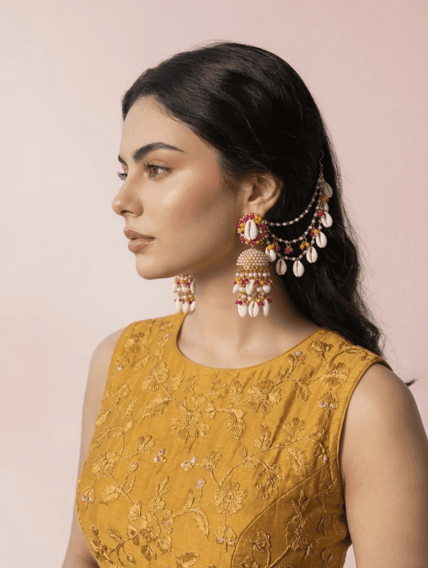 Pink-Yellow Pearl & Sea Shell Earrings with Ear Chains for Haldi