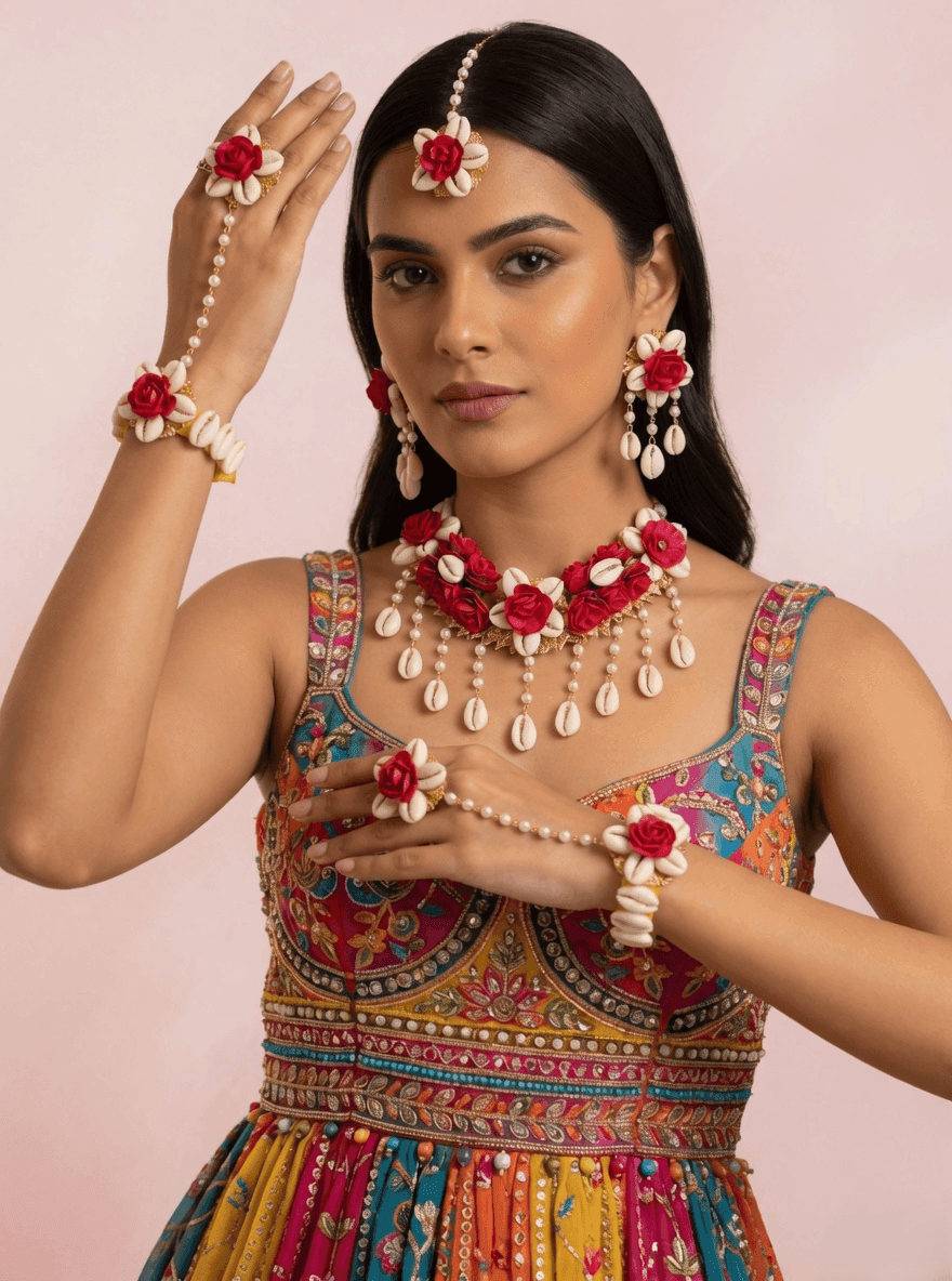 Red Rose Sea Shell Jewellery Set for Haldi & Mehndi Brides