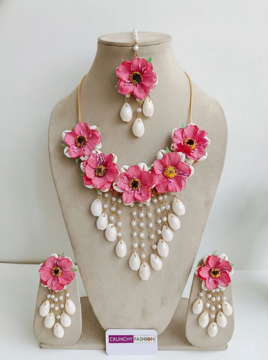 Pink Floral: Handcrafted Cowrie Shell Haldi Bridal Jewelry Set