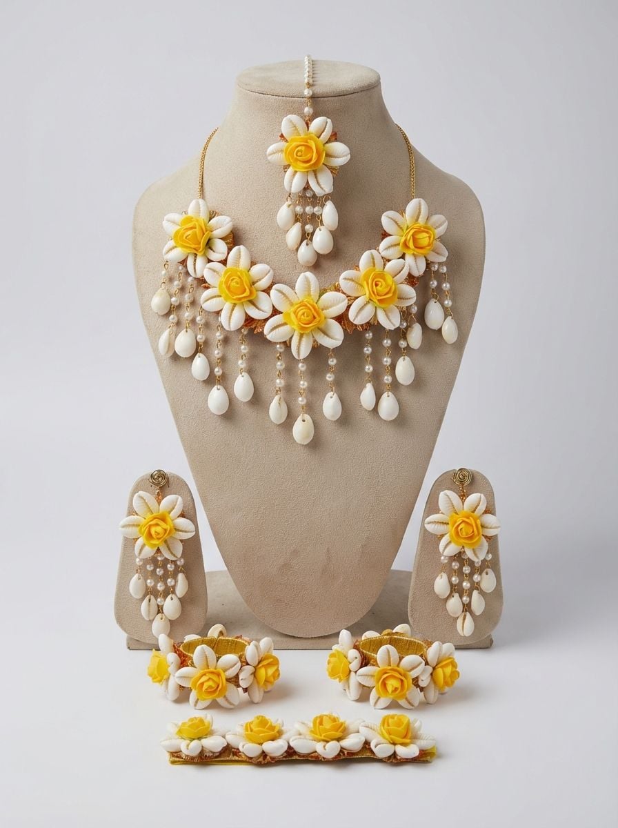 Yellow Rose Cowrie Shell Jewellery Set for Haldi & Mehndi Brides