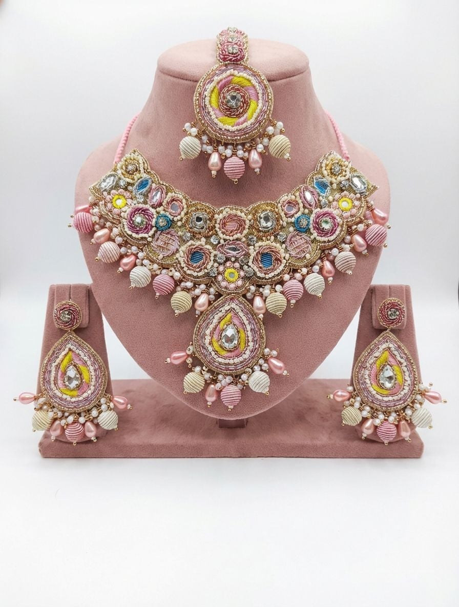 Pink Floral handmade Jewellery Set for Haldi & mehndi