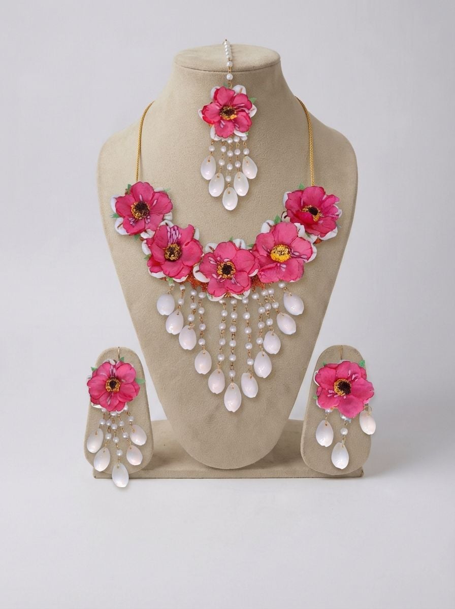 Pink Floral: Handcrafted Cowrie Shell Haldi Bridal Jewelry Set