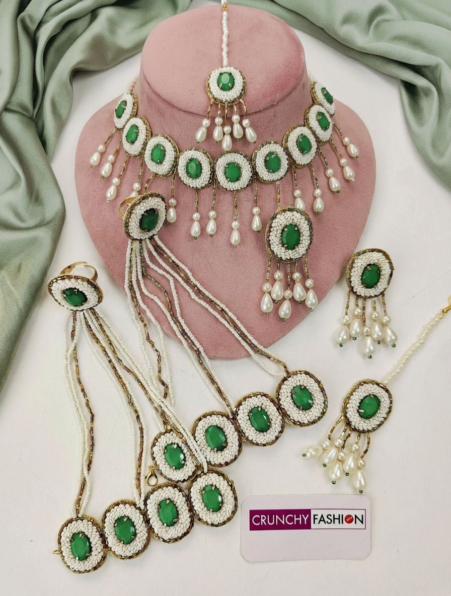 Floral Green Crystal Pearl Bridal Set Haldi & Mehndi Occasions