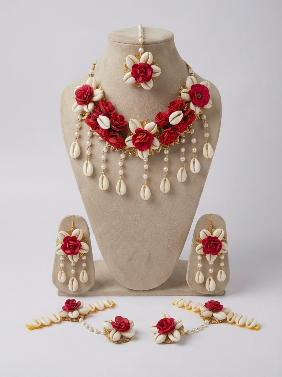 Red Rose Sea Shell Jewellery Set for Haldi & Mehndi Brides