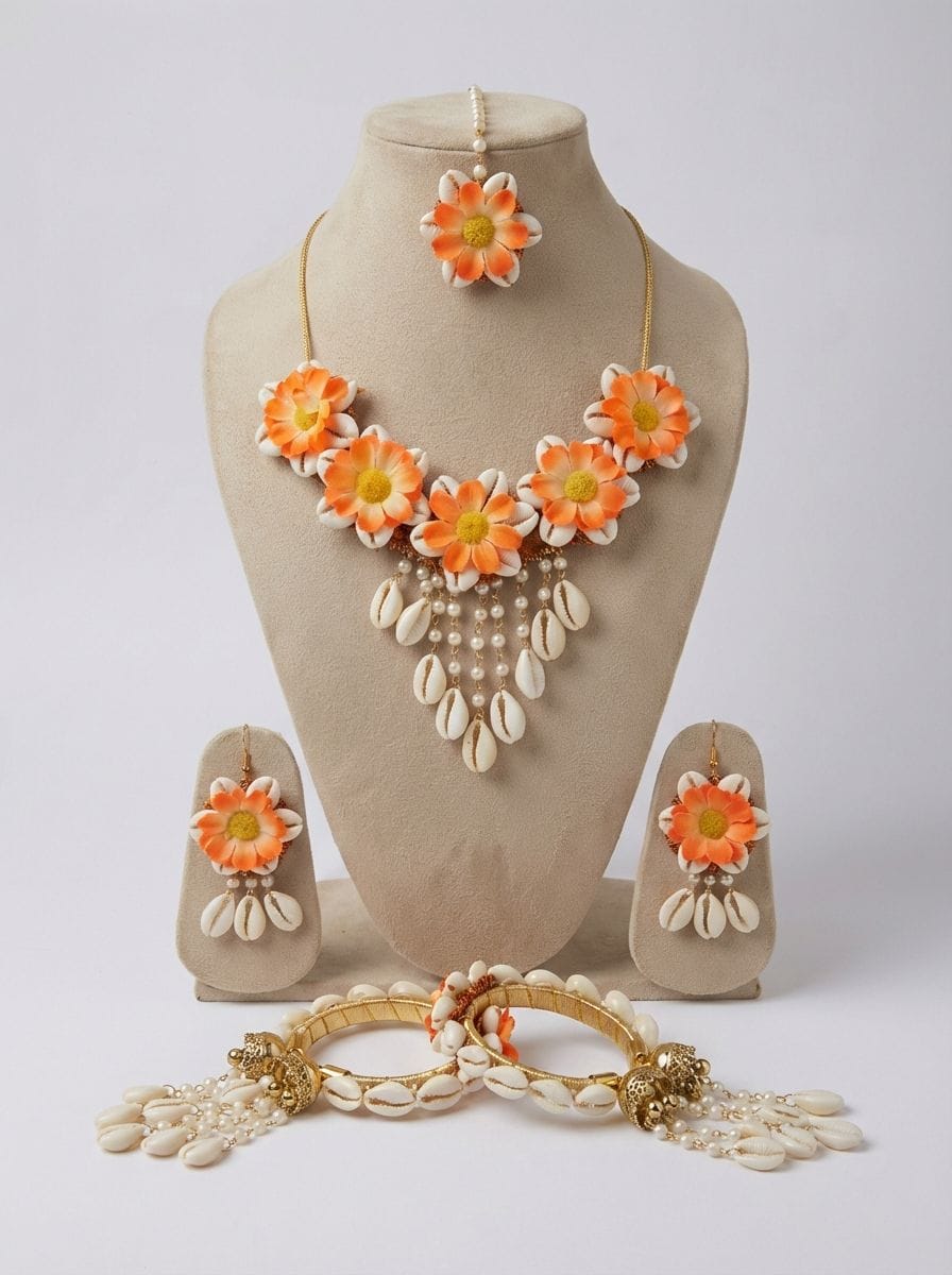 Bridal Orange Blossom Pearl-Decked Cowrie Shell Set for Haldi