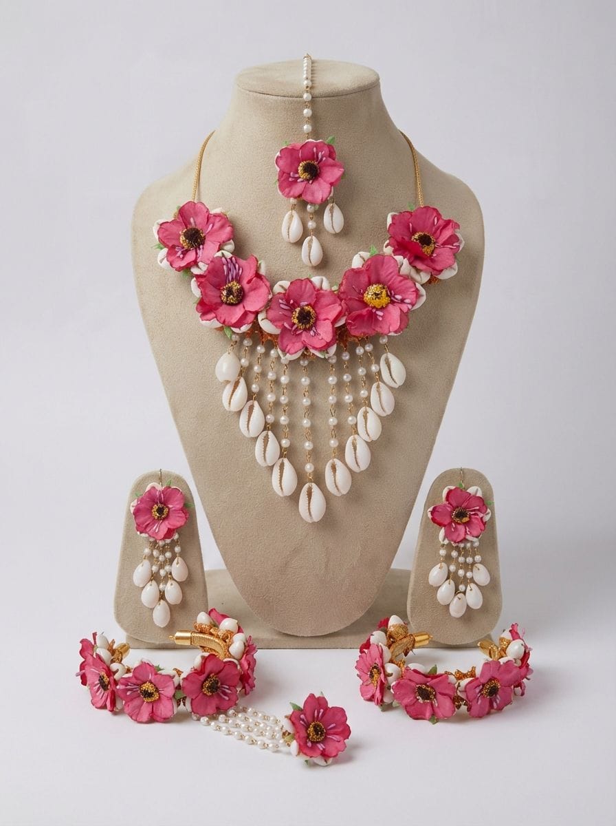 Pink Floral: Handcrafted Cowrie Shell Haldi Bridal Jewelry Set