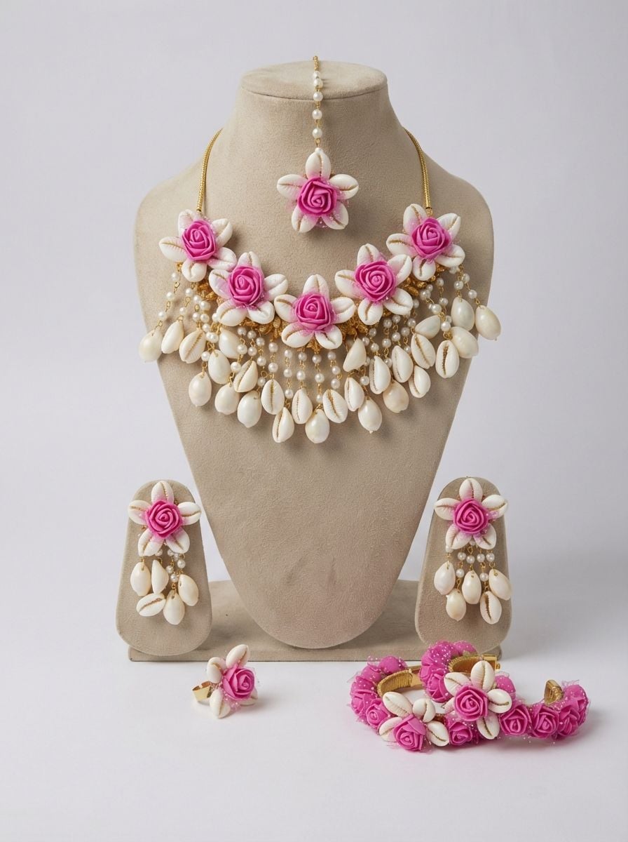 Pink Blossom & Cowrie Shell Haldi Bridal Jewelry Set for Fashionistas