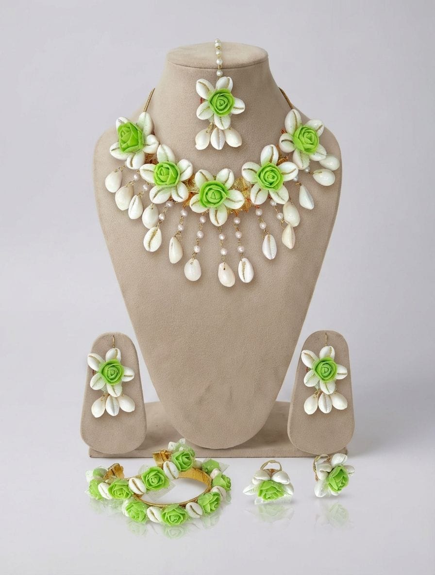 Lime Floral Cowrie Shell Bridal Jewellery Set for Mehendi