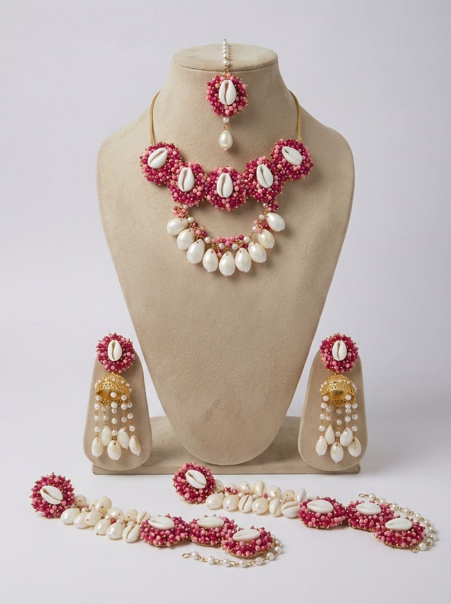 Handmade Hot Pink Pearl & Cowrie Shell Bridal Set, Haldi Mehndi Design