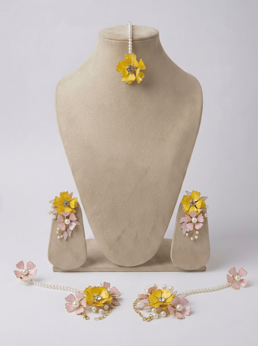 Luxe Floral Handmade Yellow & Pink Resin Bridal Jewelry 4 Haldi-Mehndi