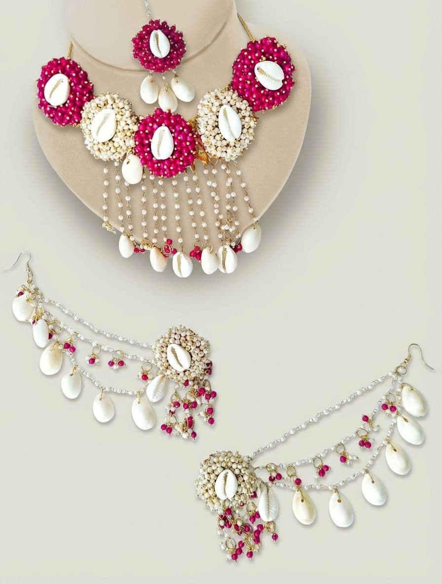Handmade Pink Sea Shell Jewellery Set for Haldi & Mehndi Brides