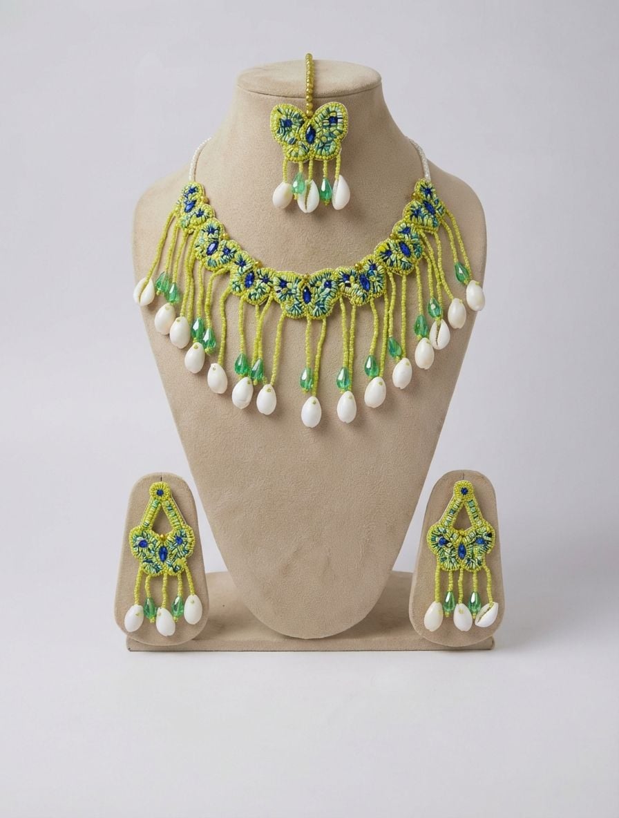Designer Green Thread Haldi Jewellery Set for Mehndi Ceremony