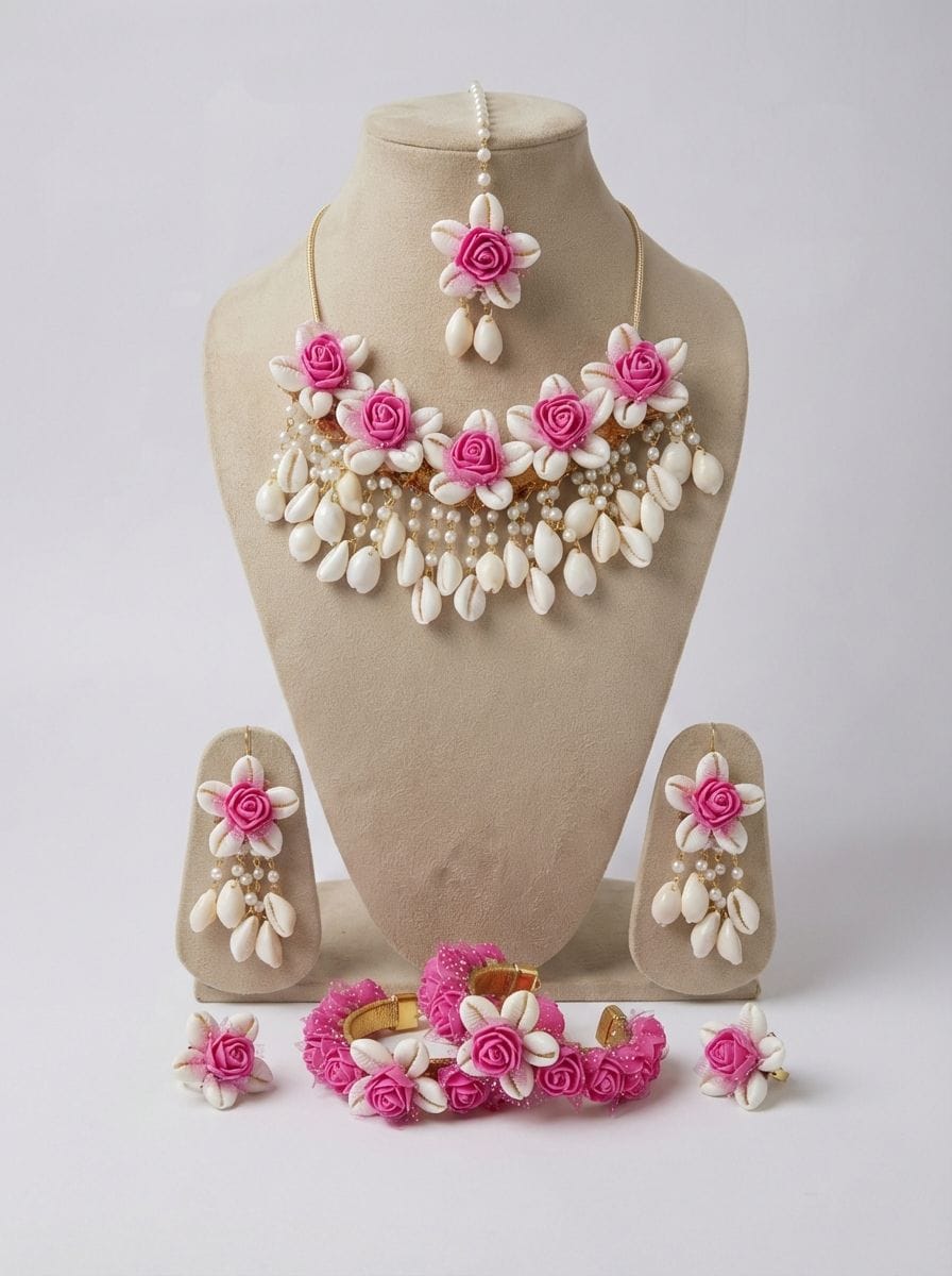 Pink Blossom & Cowrie Shell Haldi Bridal Jewelry Set for Fashionistas