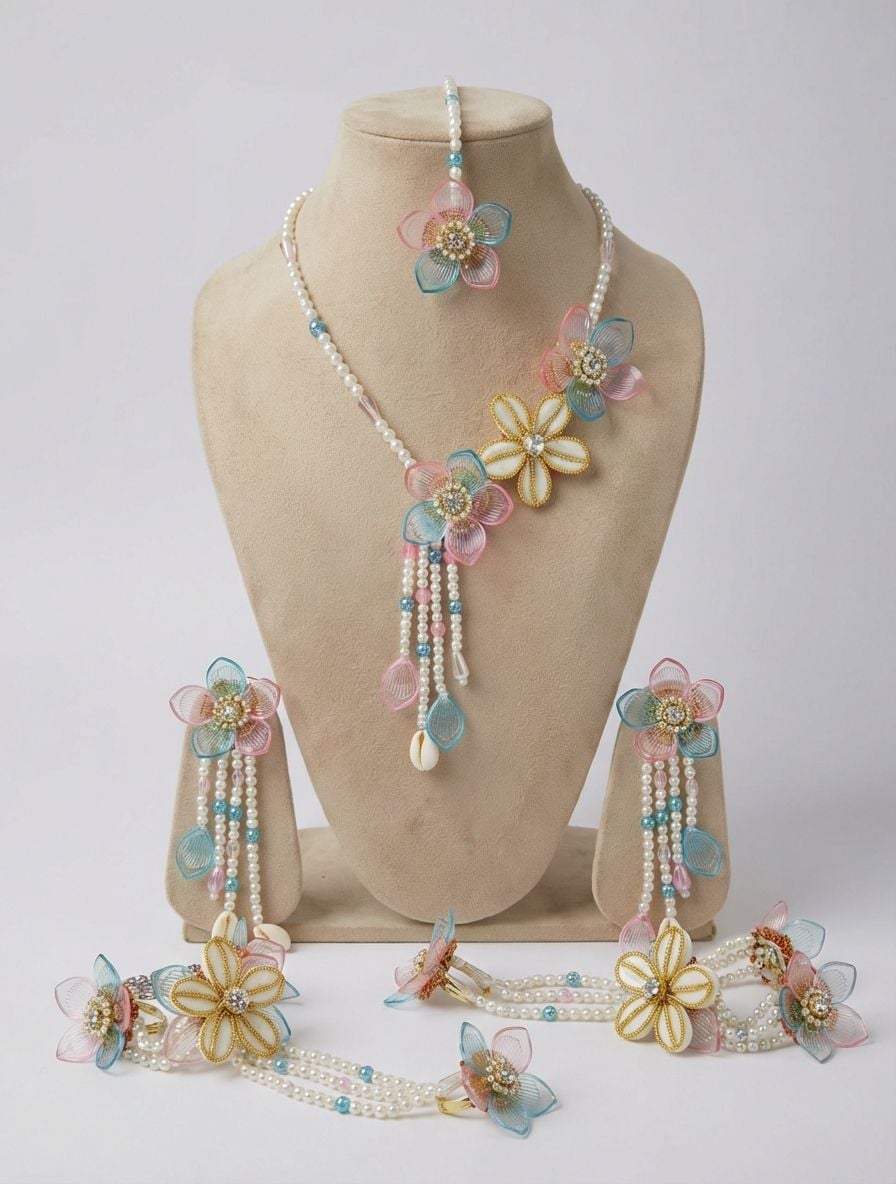 Handmade Acrylic Bridal Jewellery Set Sky Blue Pink Floral
