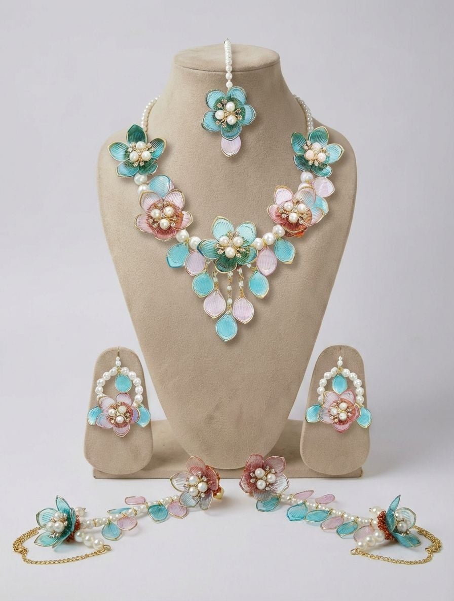 Elegant Acrylic Jewellery Set in Sky Blue & Pink Floral - A Premium Choice for Brides
