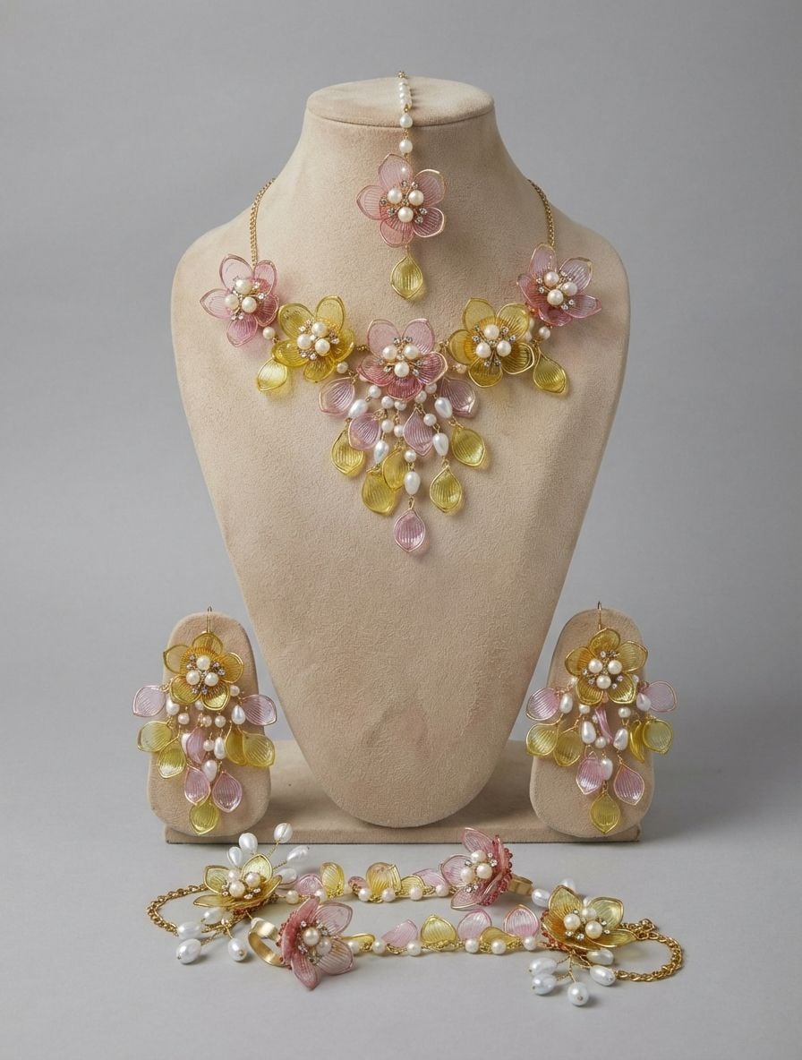 Yellow-Pink Acrylic Flowers Bridal Jewelry for Haldi-Mehndi