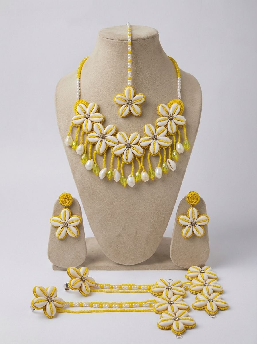 Yellow Beaded Cowrie Haldi Mehndi Jewellery Set for Bride