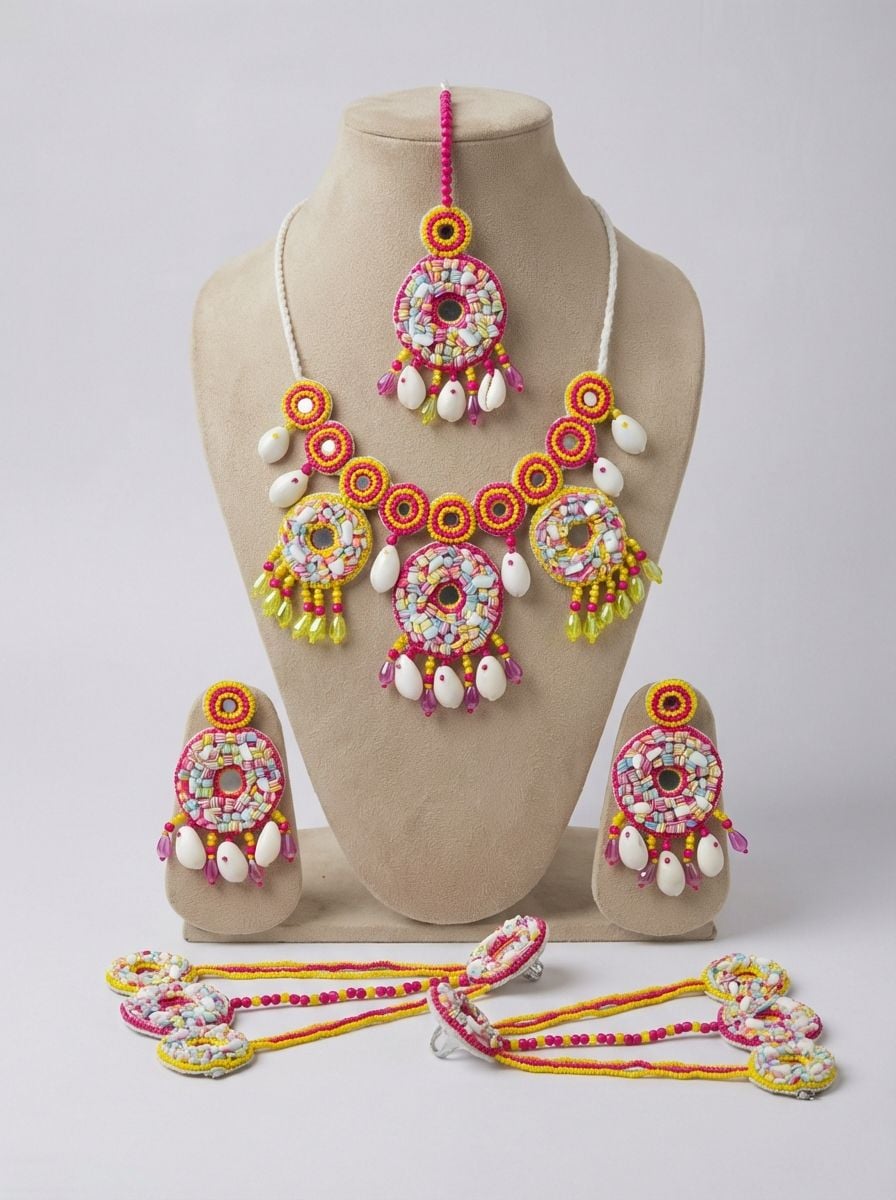 Handcrafted Pink-Yellow Pearl Jewellery Set for Haldi Bridal