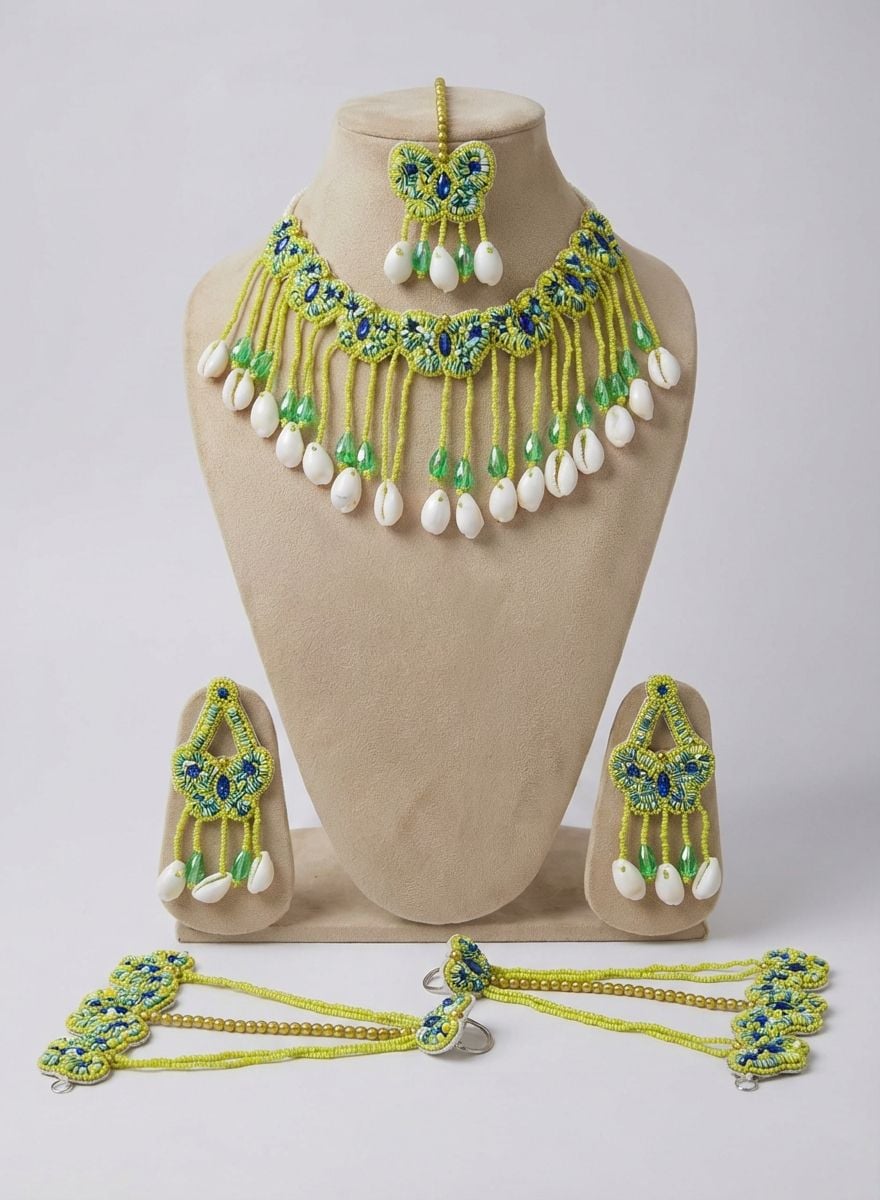 Designer Green Thread Haldi Jewellery Set for Mehndi Ceremony