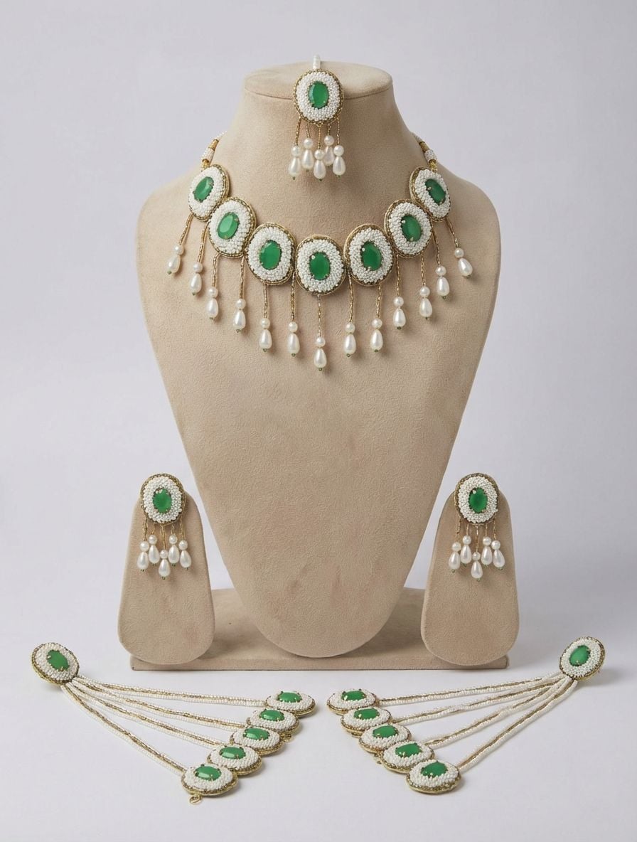 Floral Green Crystal Pearl Bridal Set Haldi & Mehndi Occasions