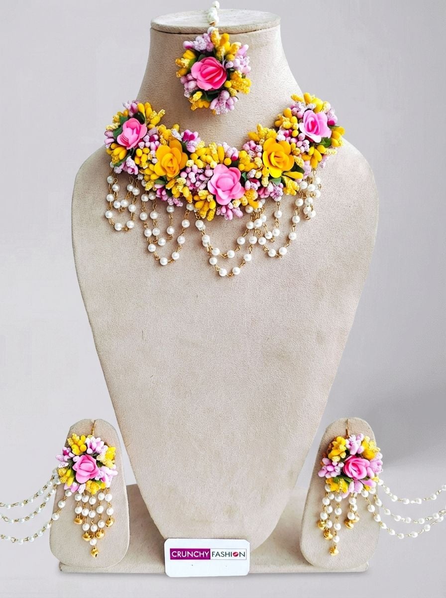 Handmade Pastel Floral Haldi Jewellery Set for Bridal Wear
