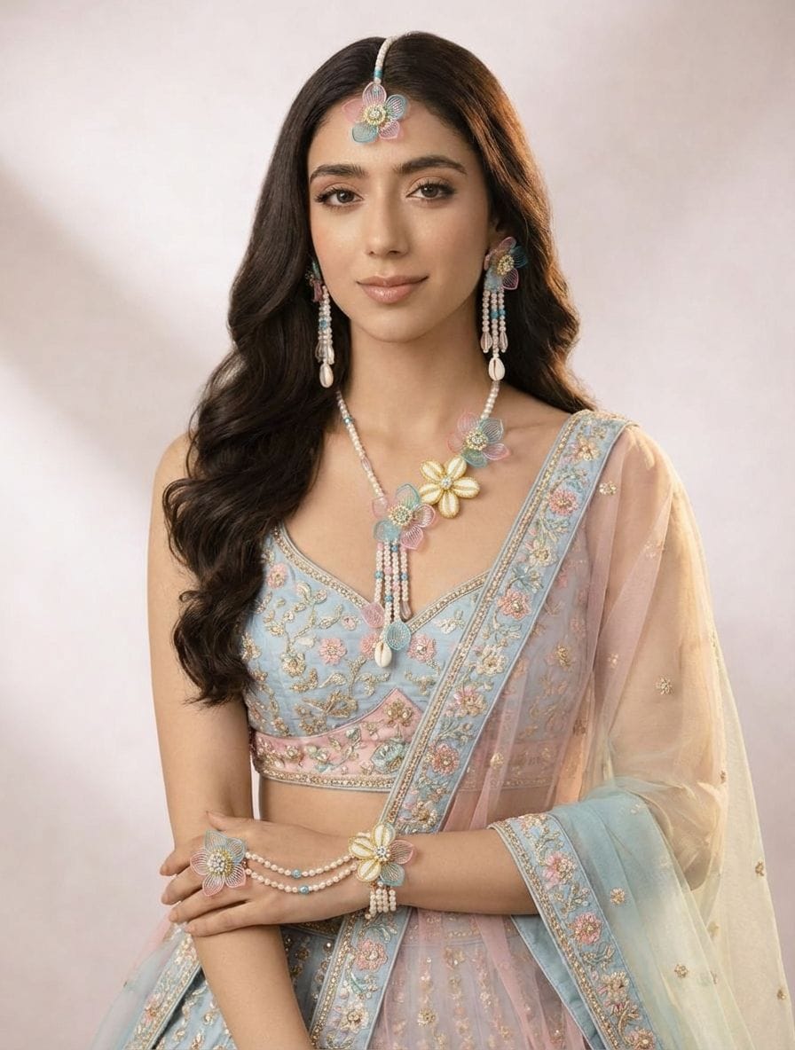Handmade Floral Bridal Jewelry Set in Sky-Blue & Pink for Haldi Mehndi