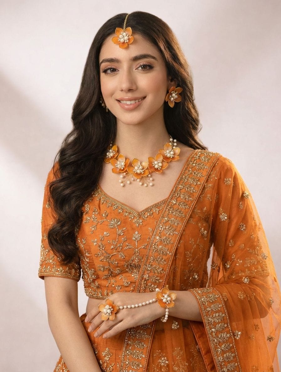 Acrylic Gold-Plated Floral Bridal Jewelry Set for Wedding and Haldi Mehndi