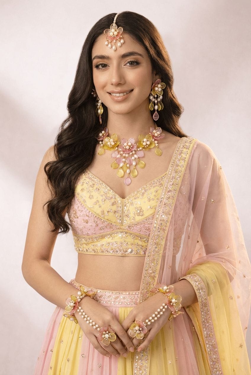 Yellow-Pink Acrylic Flowers Bridal Jewelry for Haldi-Mehndi