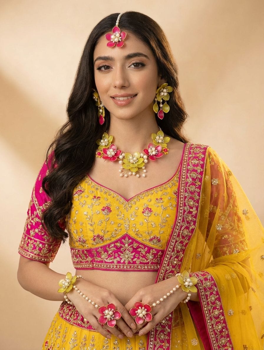 Designer Floral Haldi-Mehndi Bridal Jewellery Pink & Green