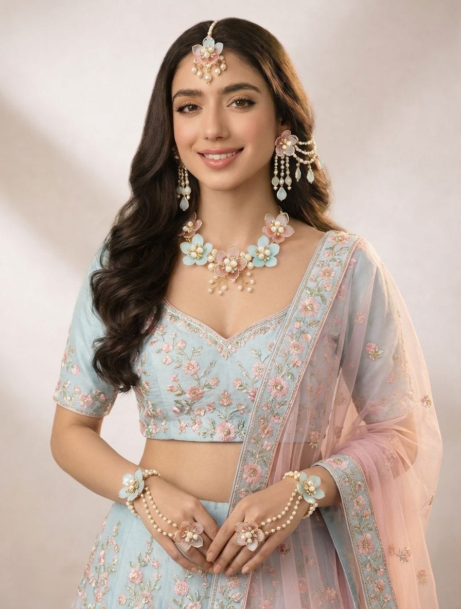 Powder Blue-Pink Floral Jewelry for Haldi-Mehndi