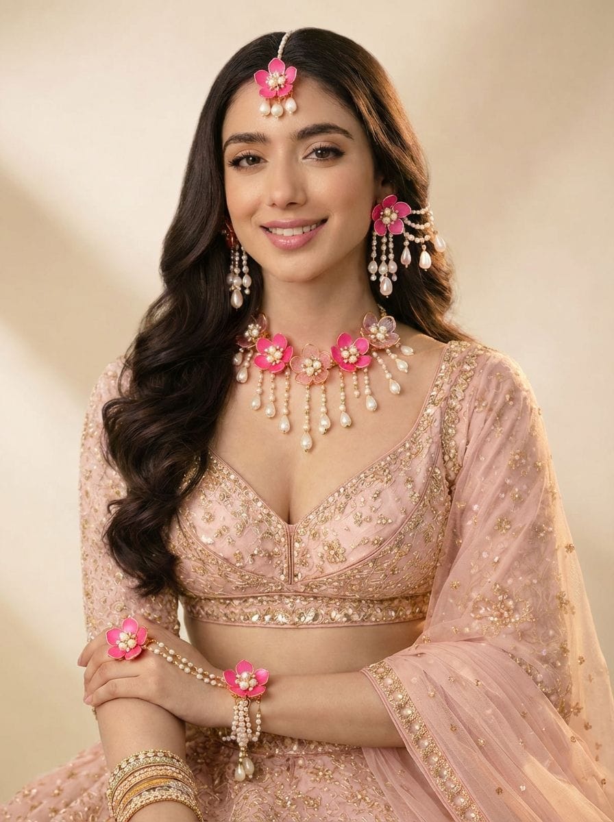 Elegantly Crafted Pink Floral Acrylic Jewelry for Haldi-Mehndi Events