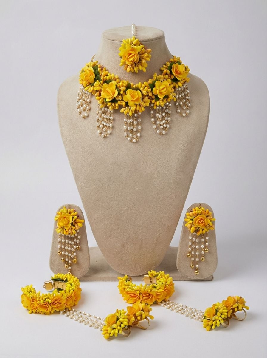 Handmade Pastel Floral Haldi Jewellery Set for Bridal Wear