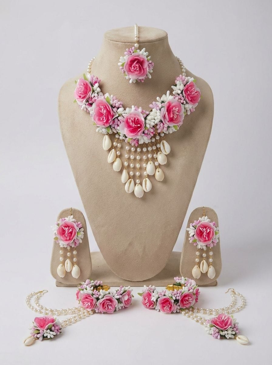 Designer Pink Rose Haldi Jewellery Set with Cowrie Shells