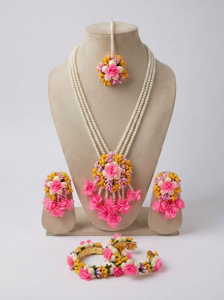 Pink Floral Pearl Haldi Jewellery Set with Necklace, Earrings and Tikka