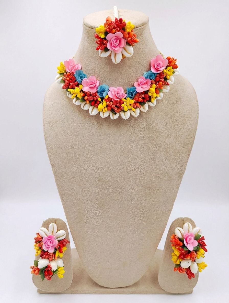 Handmade Multicolor Floral Cowrie Shell Haldi Jewellery Set for Brides