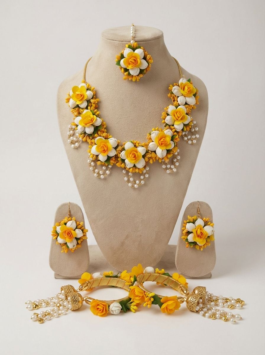 Yellow Rose & Pearl Floral Bridal Jewellery Set