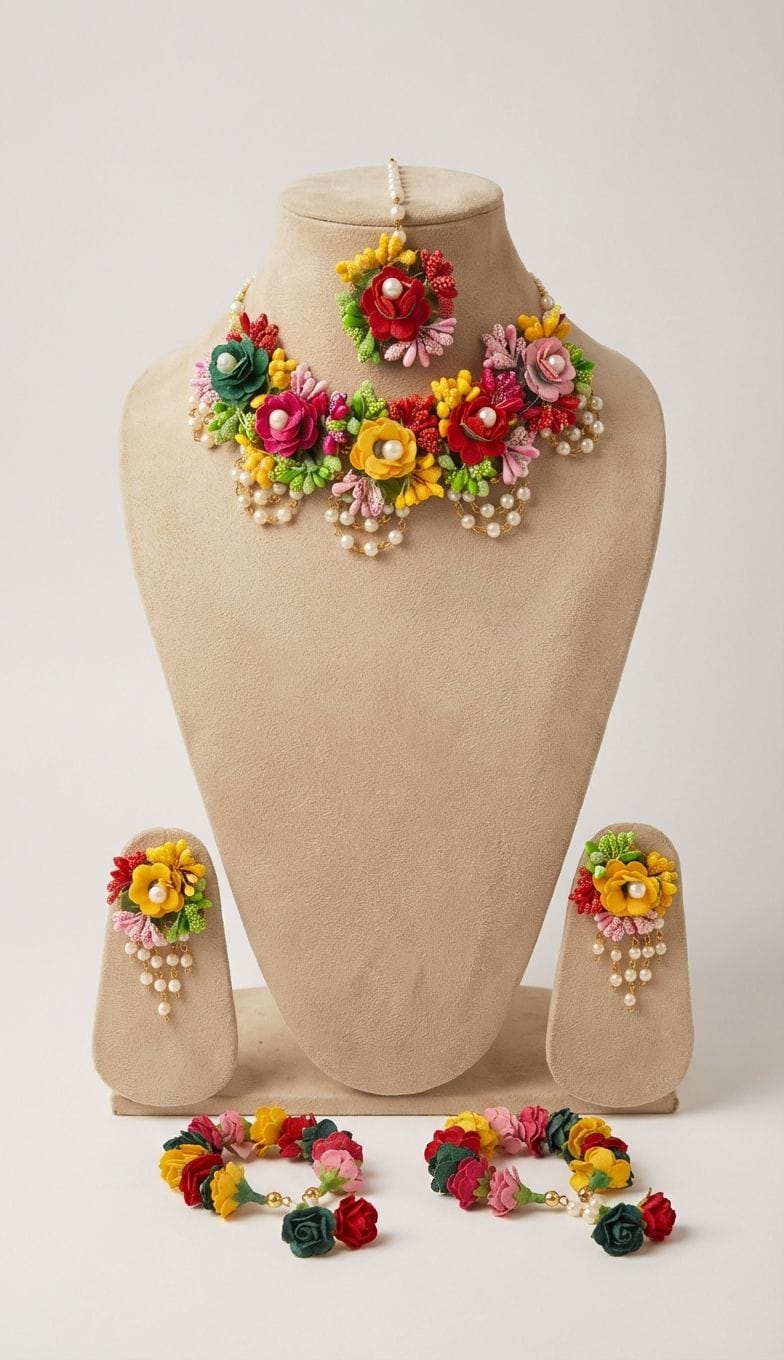 Bridal Bloom - Multicolor Beaded and Pearl Haldi-Mehndi Jewelry Set for Women