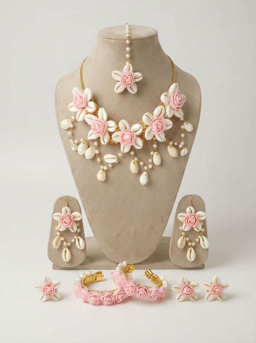 Peach Blossom Sea Shell Jewelry Set for Haldi & Mehndi Celebrations