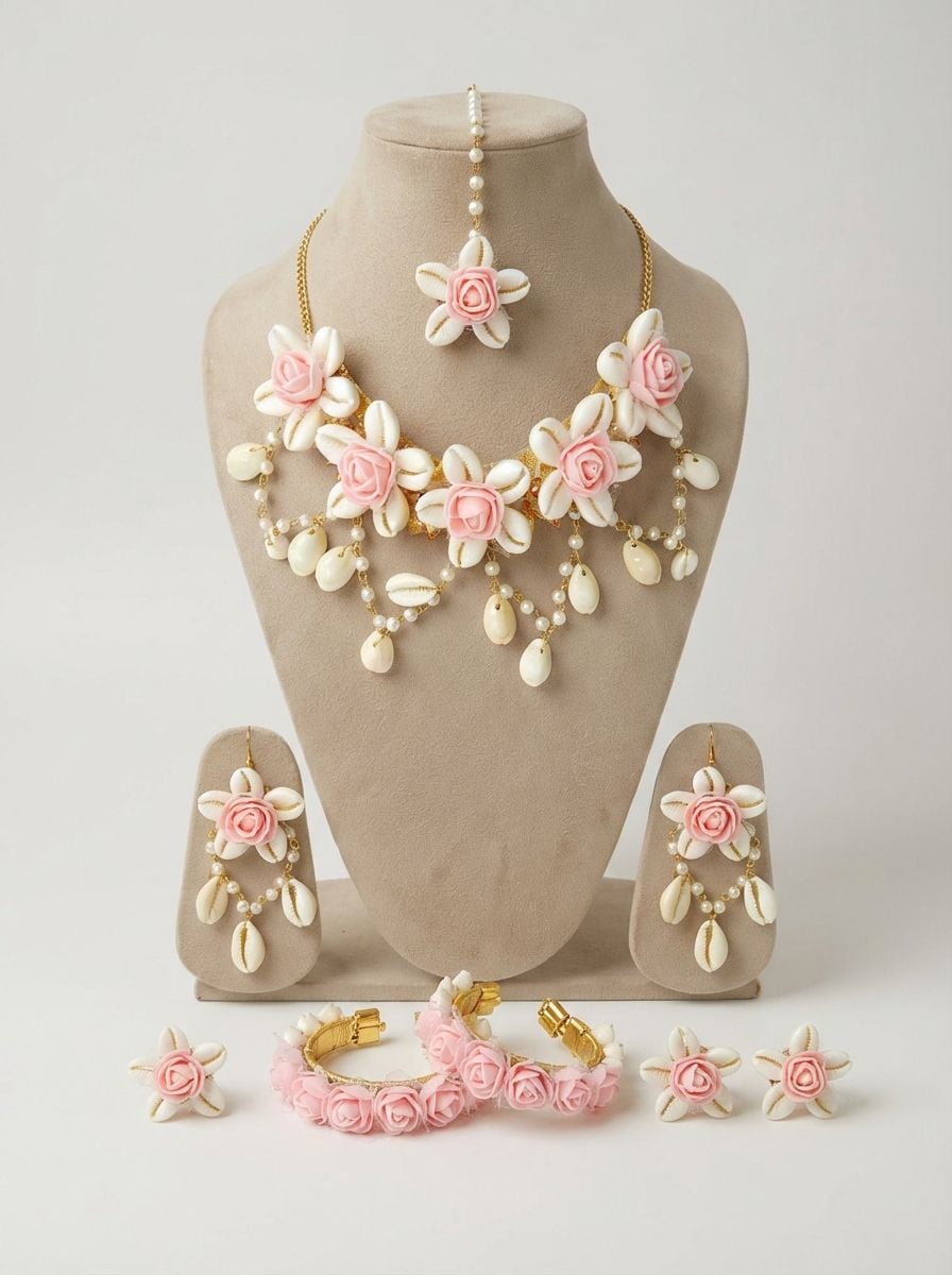 Handmade Pink Floral Cowrie Shell Haldi Jewellery Set for Brides