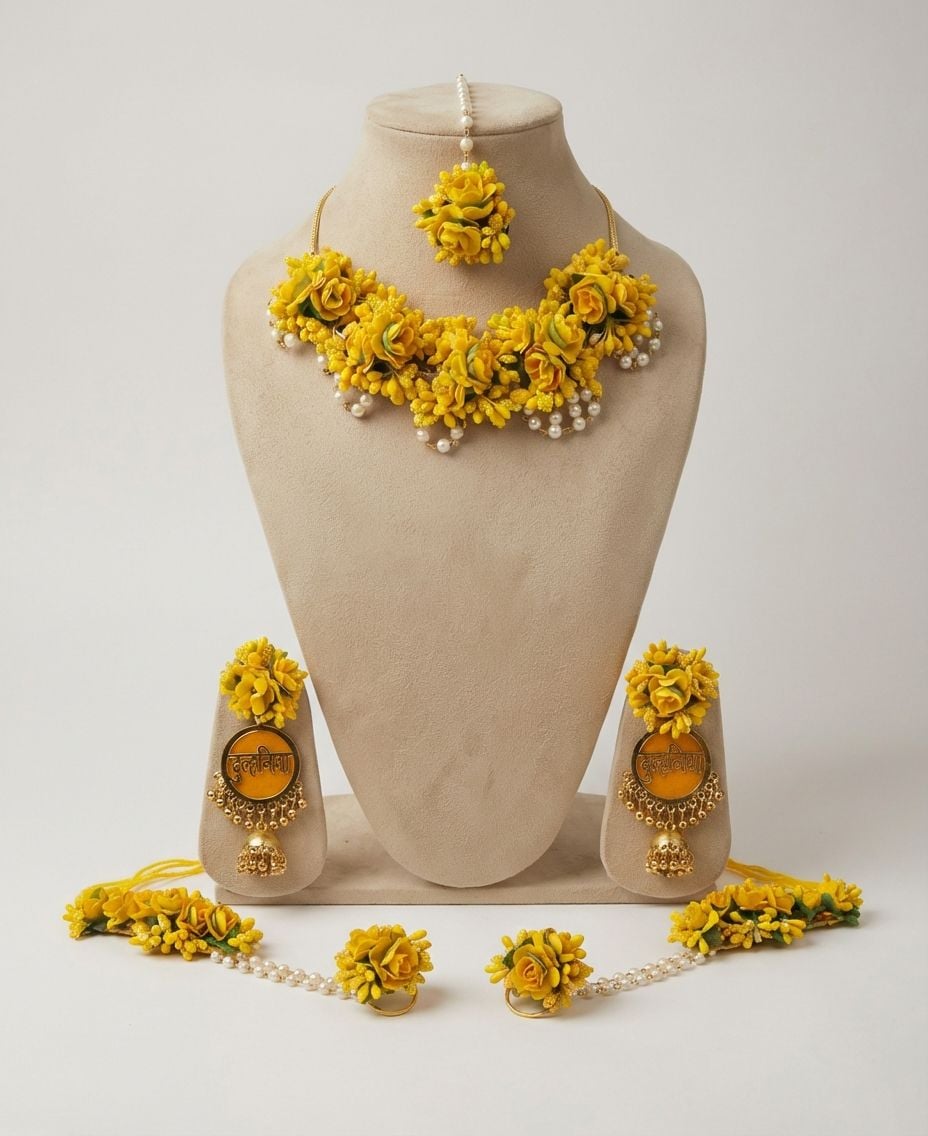 Yellow Rose Floral Jewellery Set for Haldi & Mehndi Functions