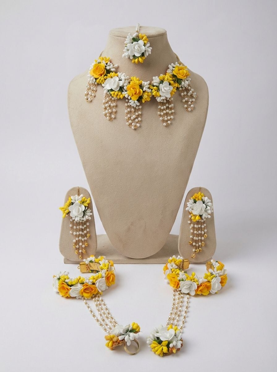 Handmade Yellow & White Floral Haldi Jewellery Set for Brides