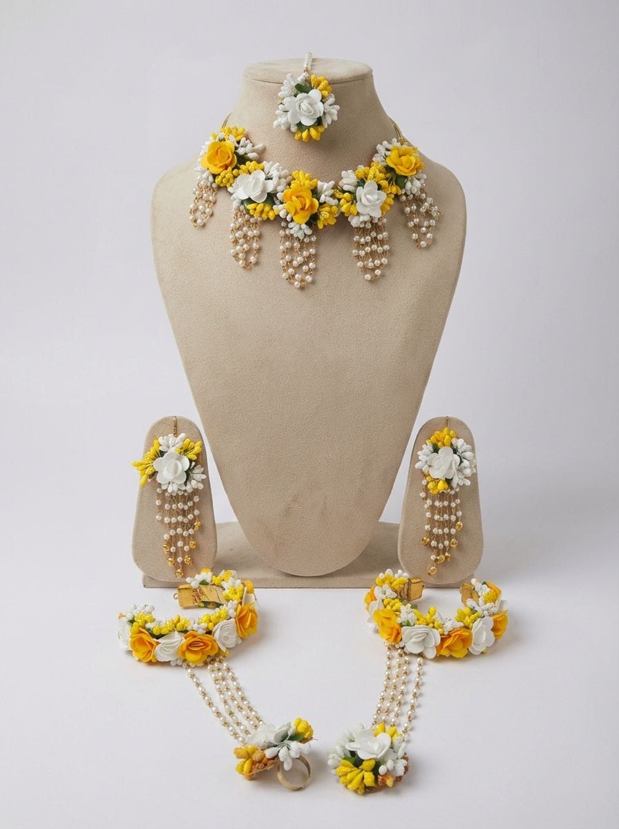 Yellow-White Floral Beaded Pearl Haldi-Mehndi Bridal Jewelry Set