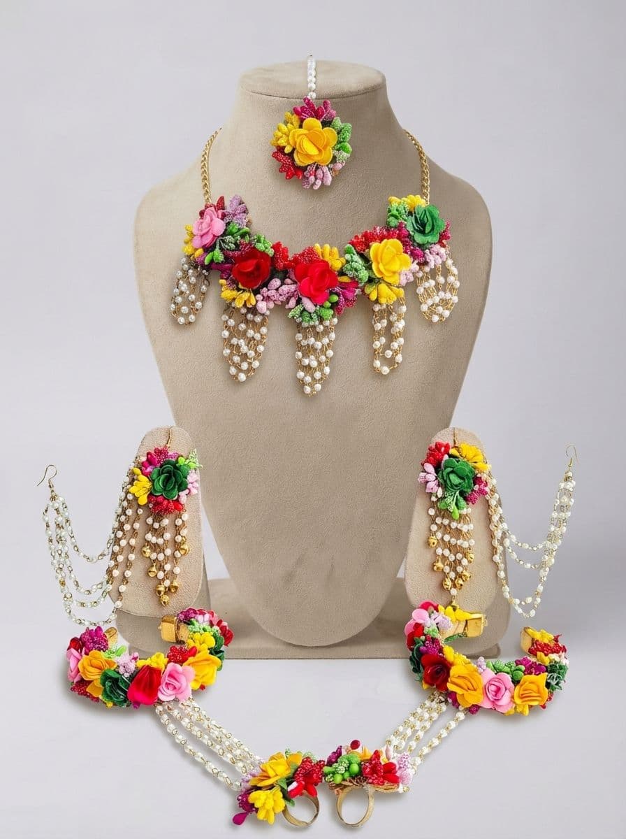 Elegant Multicolored Bridal Floral Haldi-Mehndi Jewellery Set