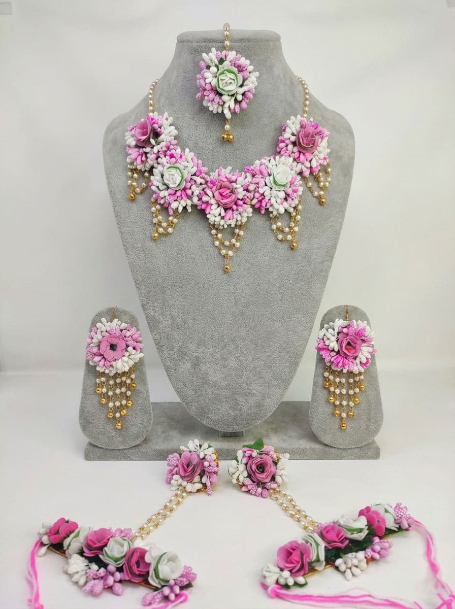 Haldi-Mehndi Floral Bliss: Bridal Multilayer Jewelry Set in Light Pink & White