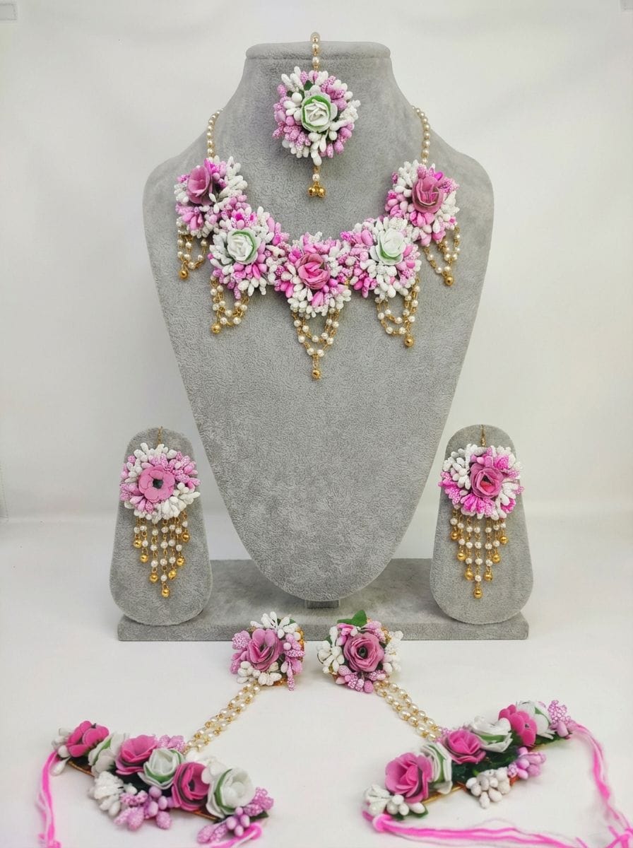 Haldi-Mehndi Floral Bliss: Bridal Multilayer Jewelry Set in Light Pink & White