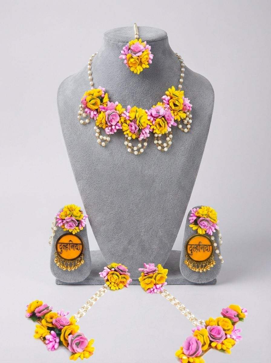 Pink and Yellow Floral Haldi Jewellery Set with Choker, Earrings and Tikka