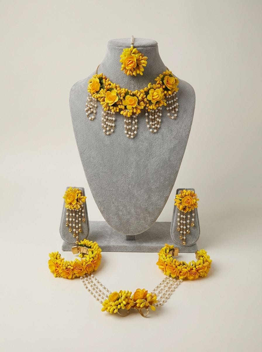 Yellow Floral Beaded Bridal Haldi Mehndi Jewelry Set - Handmade Ethnic Collection