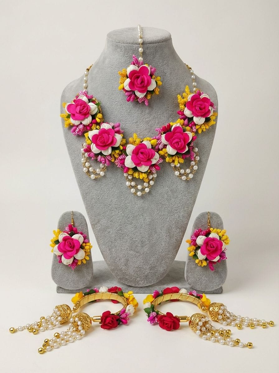 Pink-Yellow Floral Jewelry Set for Bridal Haldi-Mehndi, Handmade Pearl Flower Kaleere